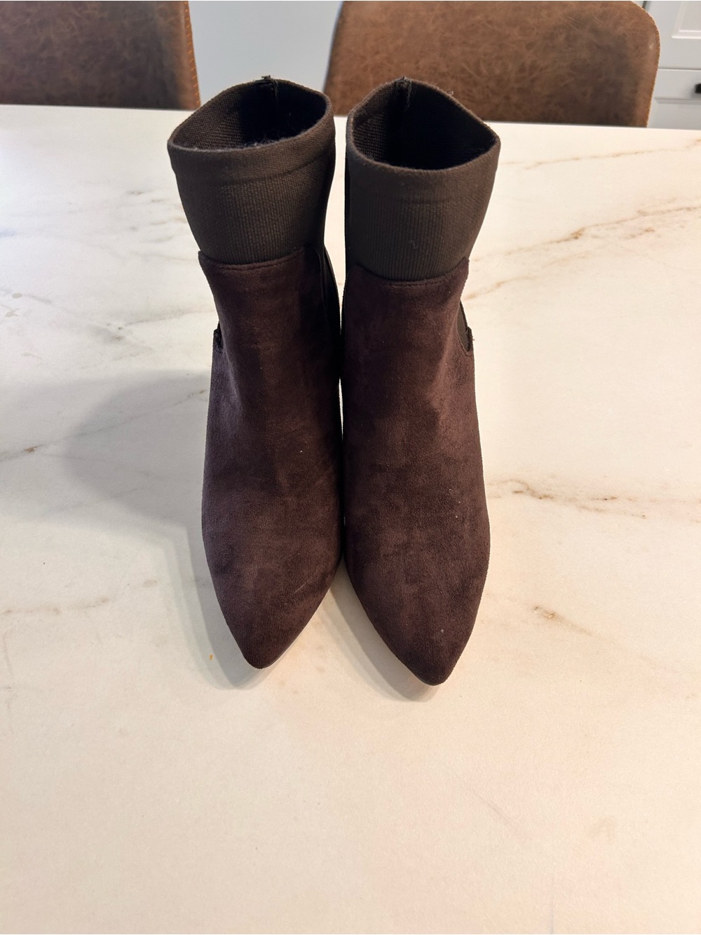Pointed Toe Suede Ankle Booties in Dark Brown